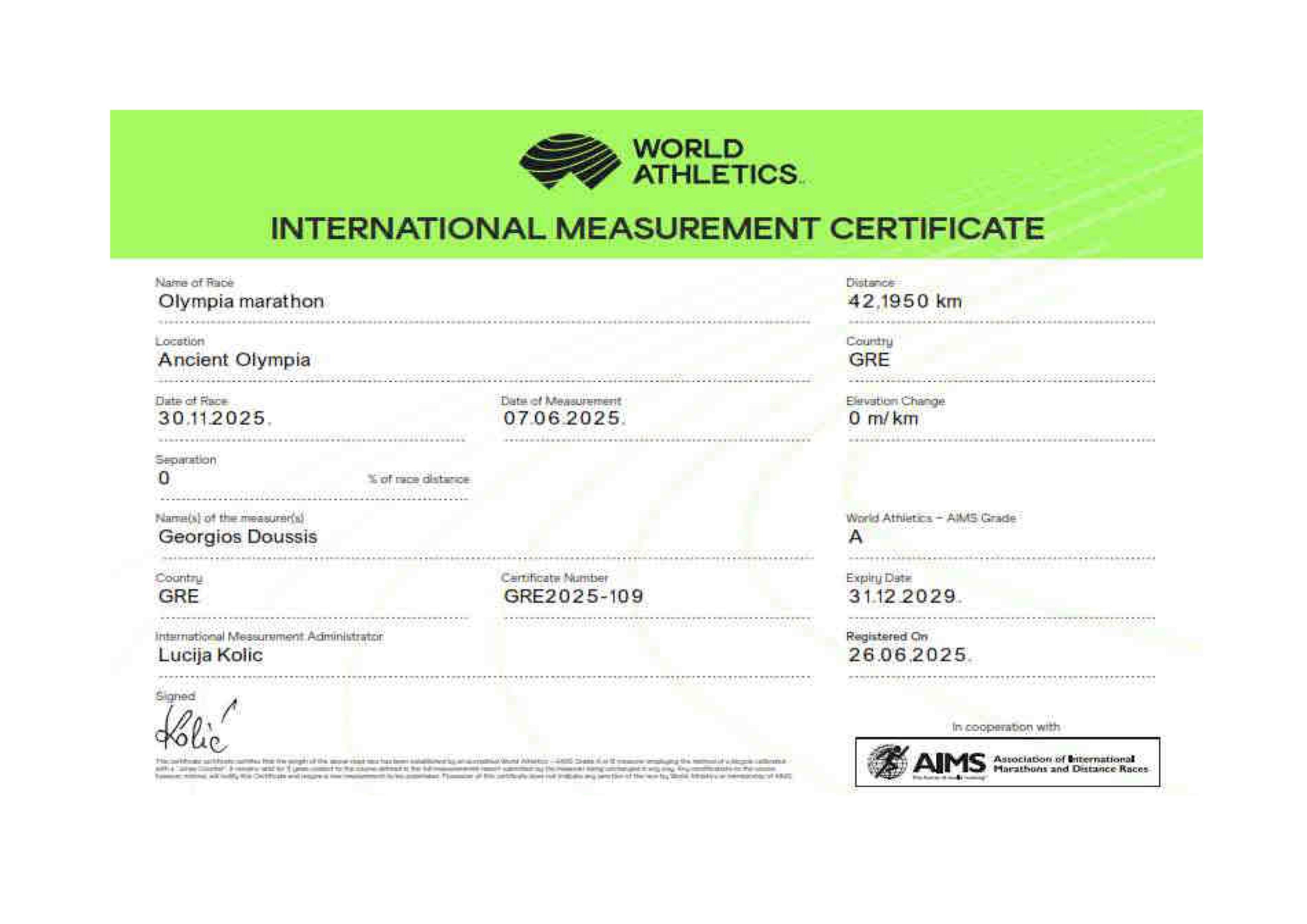 Olympia Marathon Certificate 2025